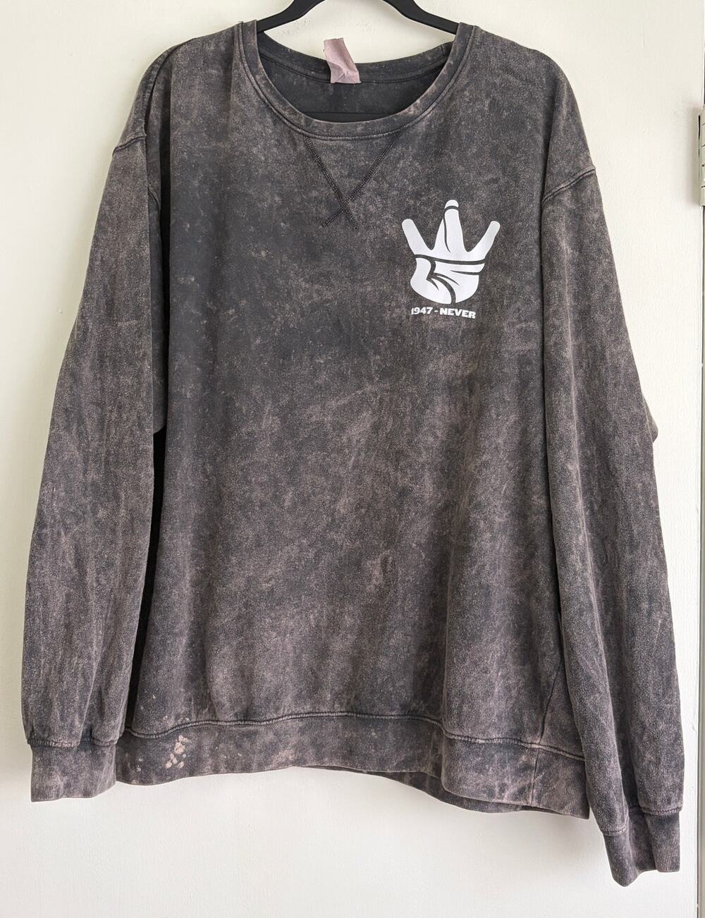 Dyenomite 1947 Never Sweatshirt XXL Black Acid Mineral Wash Bleach Splatter Crew